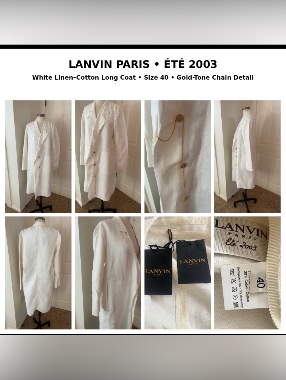 Lanvin White Linen-Cotton Long Trench Coat with Gold-Tone Chain